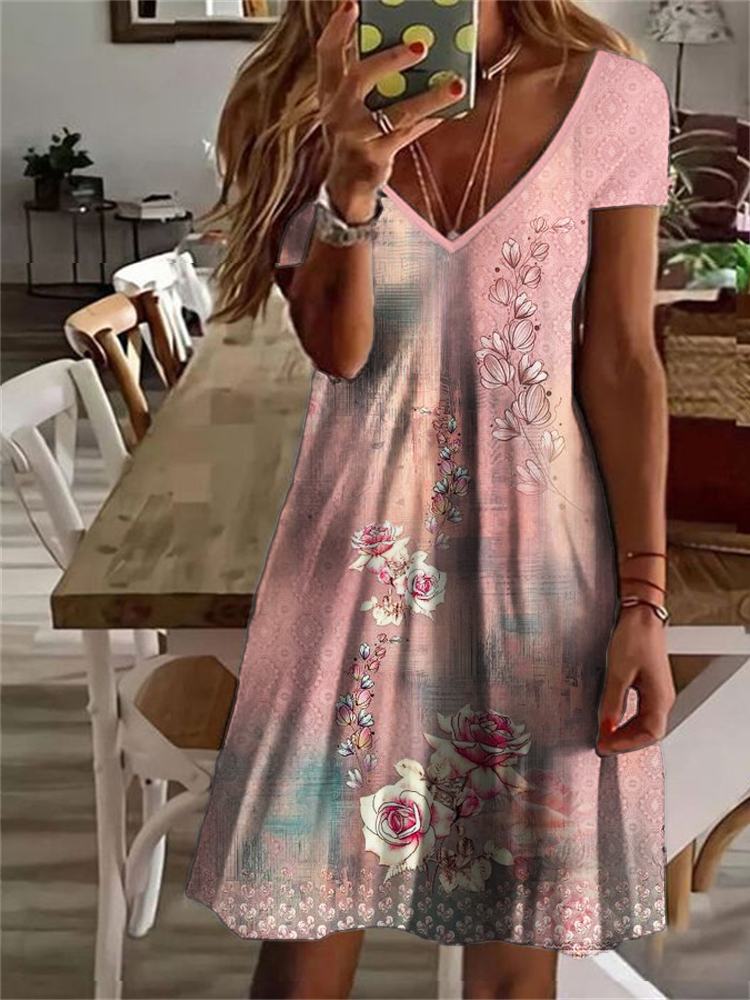  Rustic Floral Pattern V-Neck Short Sleeve Midi Dress Westsshops