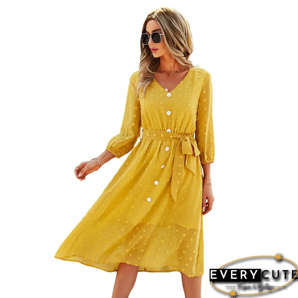Yellow 1/2 Sleeve Button Down V Neck Casual Dress
