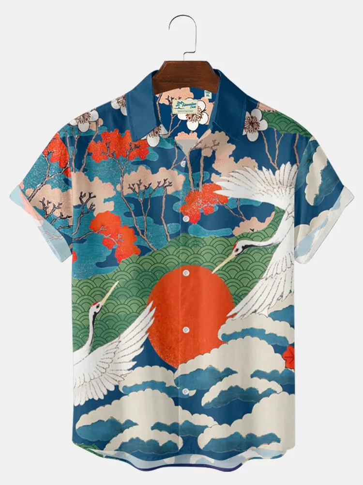 Men's Vintage Hawaiian Shirts Chinoiserie Oriental Art Pattern Crane Wrinkle Free Tops