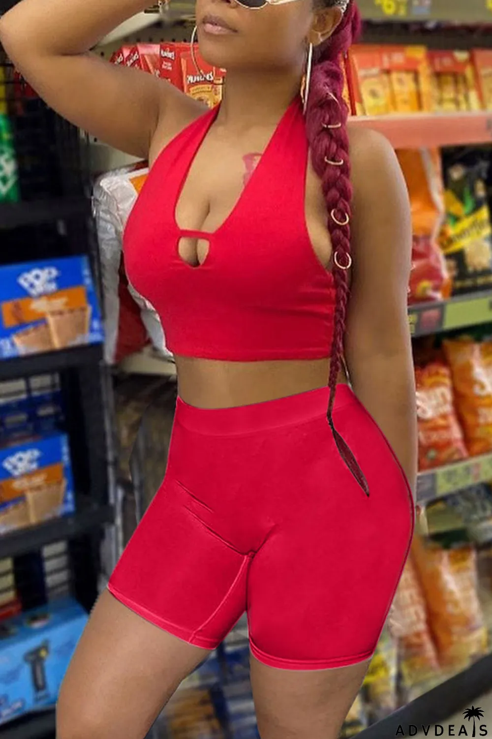 Black Sexy Solid Patchwork V Neck Sleeveless Two Pieces