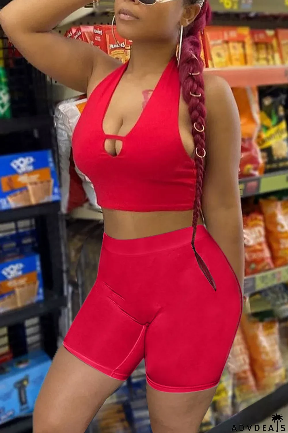 Black Sexy Solid Patchwork V Neck Sleeveless Two Pieces