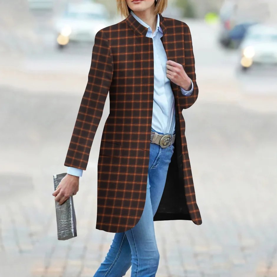 Plaid Casual Standing Collar Mid Length Coat