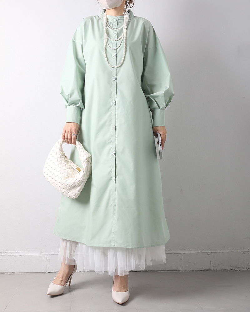 Single Breasted Stand Up Collar Long Puffy Sleeve Maxi Dress
