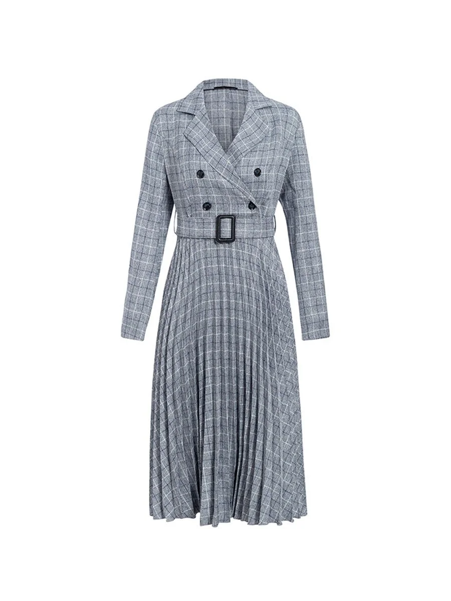 Blazer Midi Dress Plaid Pleated A-line Dress with Belt