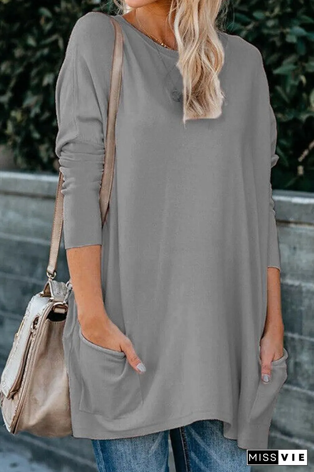 Casual Solid Split Joint Pocket O Neck Tops（13 colors）