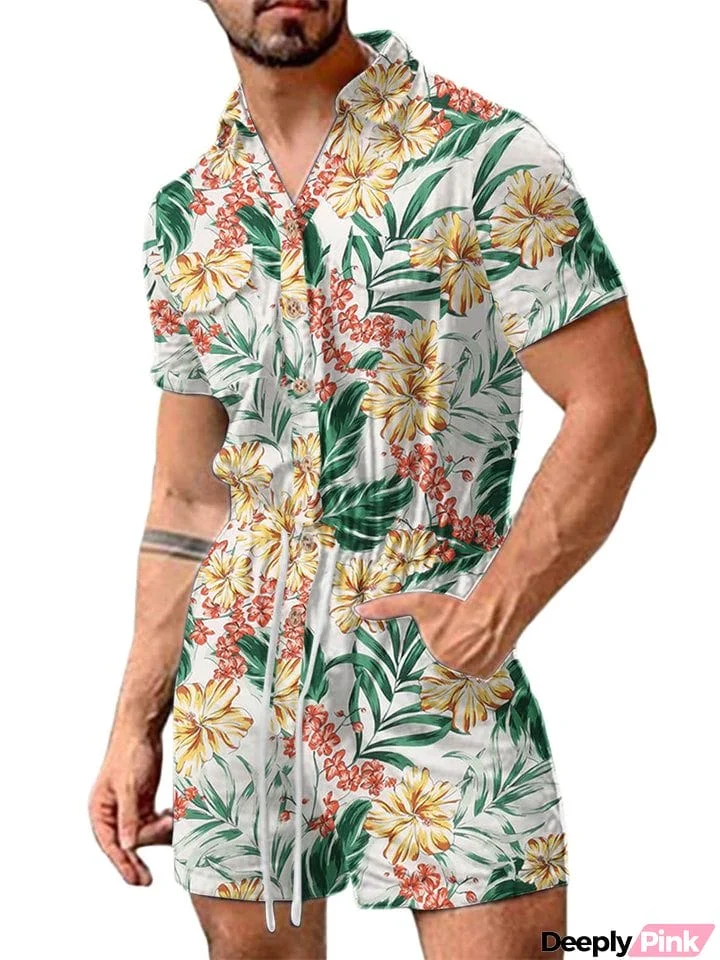 Summer Leisure Printed Button Beach Jumpsuits for Men