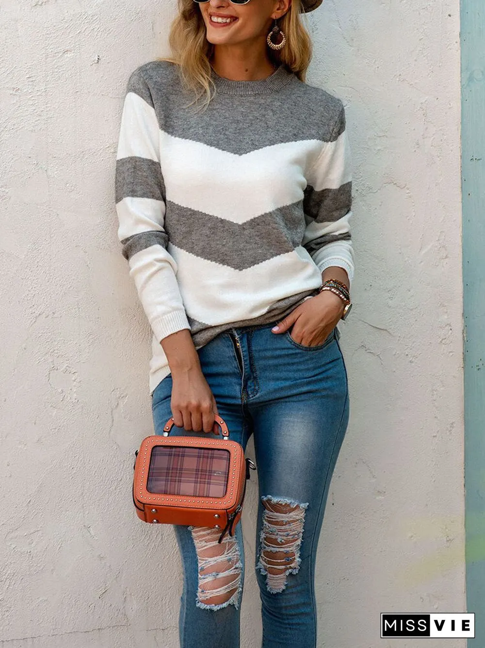 Casual Striped O-neck Long Sleeve Knit Sweater