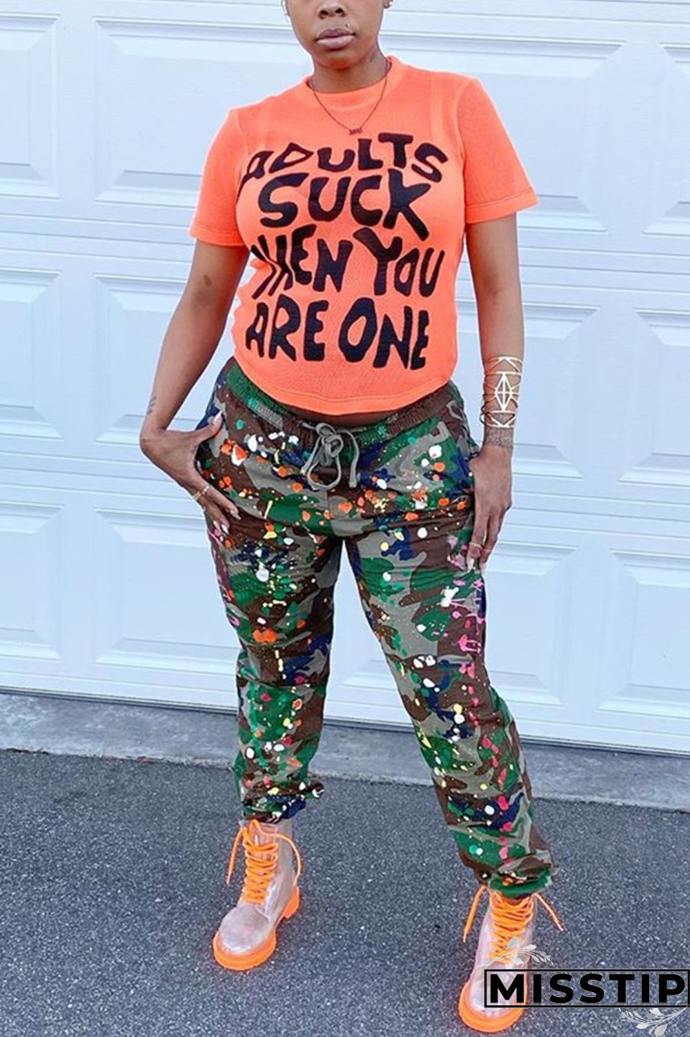 Green Fashion Camouflage Print Basic Regular Trousers