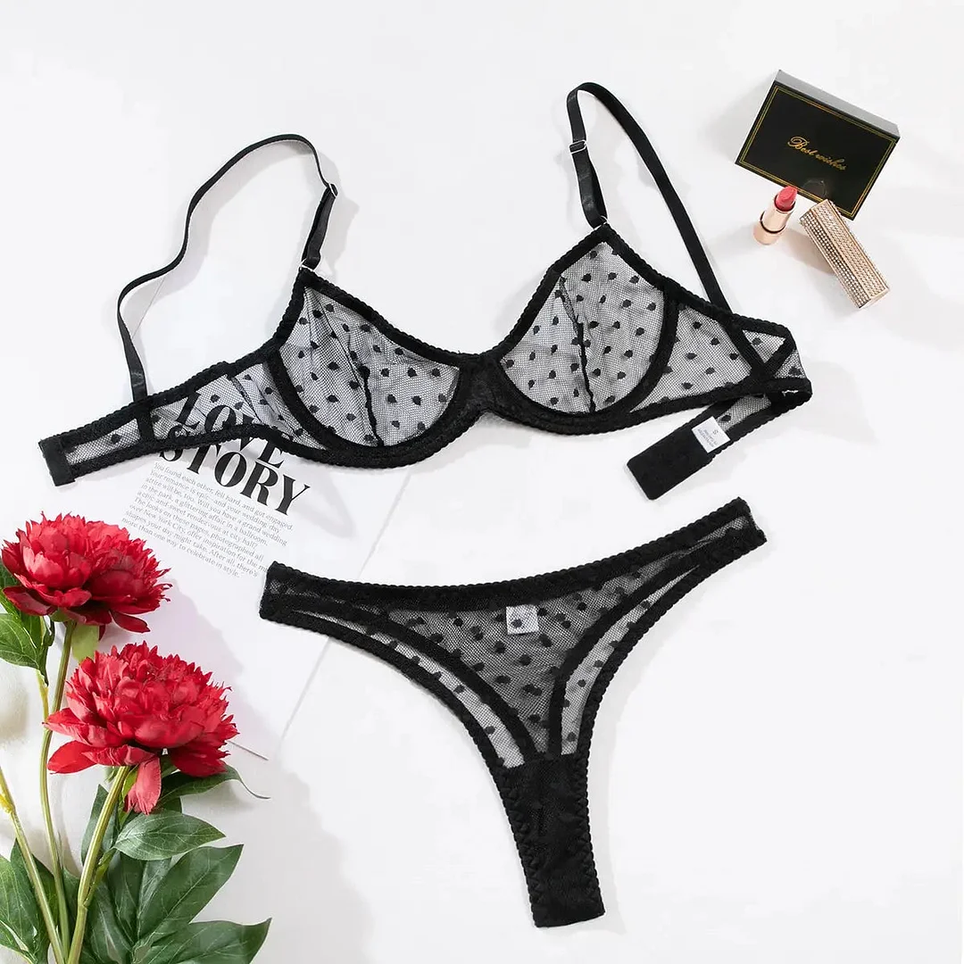 Toloer Black Mesh Polka Dot Lingerie Set-Outfit Ideas