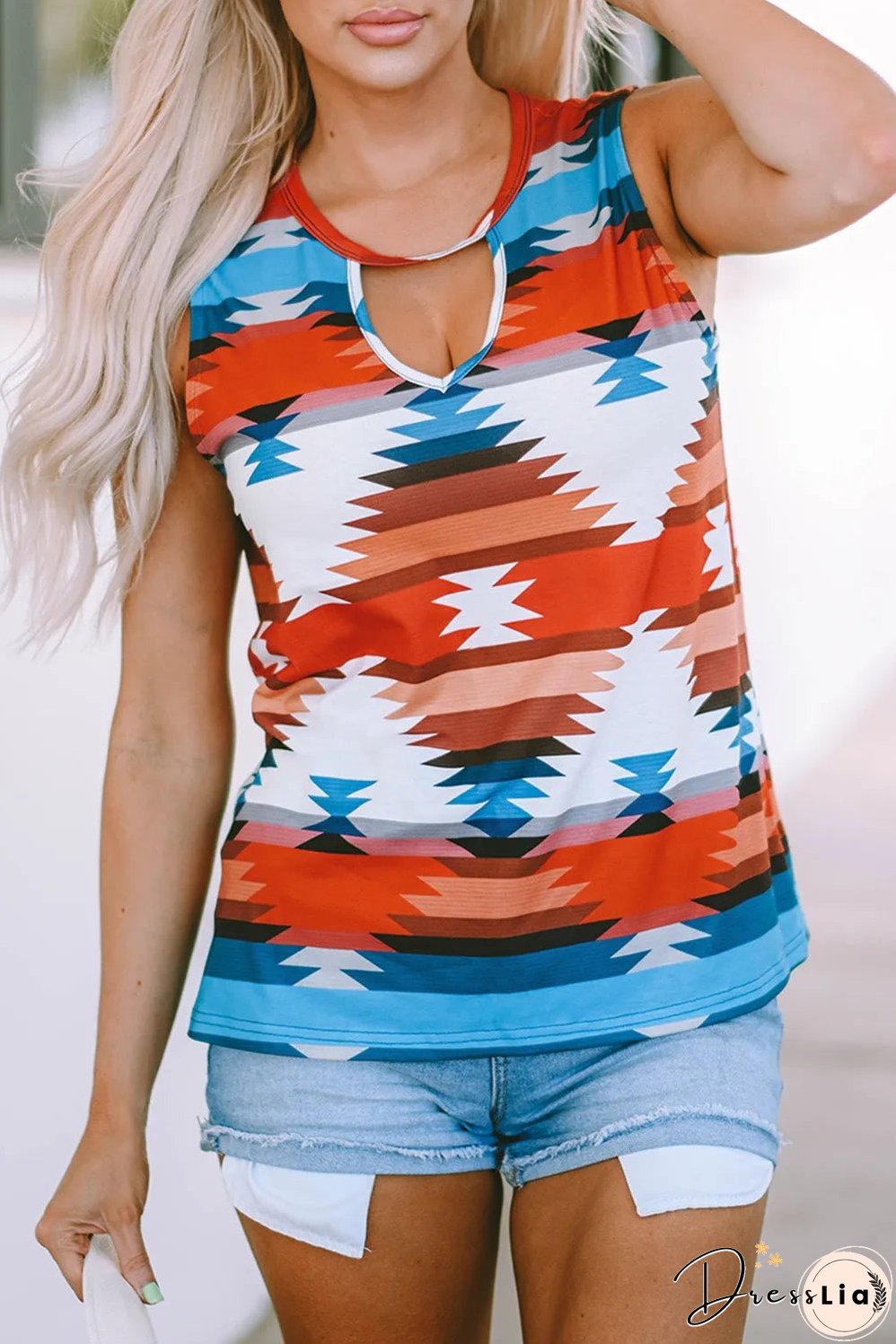 Fiery Red Aztec Geometric Print Hollowed Neckline Tank Top