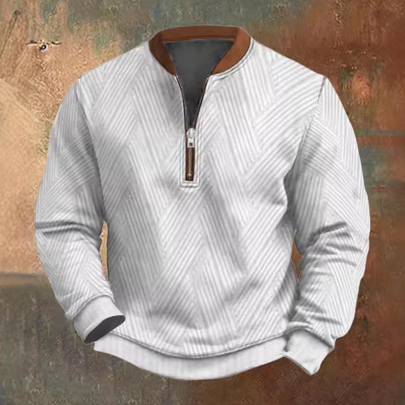 Men's Solid Color Texture Zipper Round Neck Long Sleeve Casual Sweatshirt