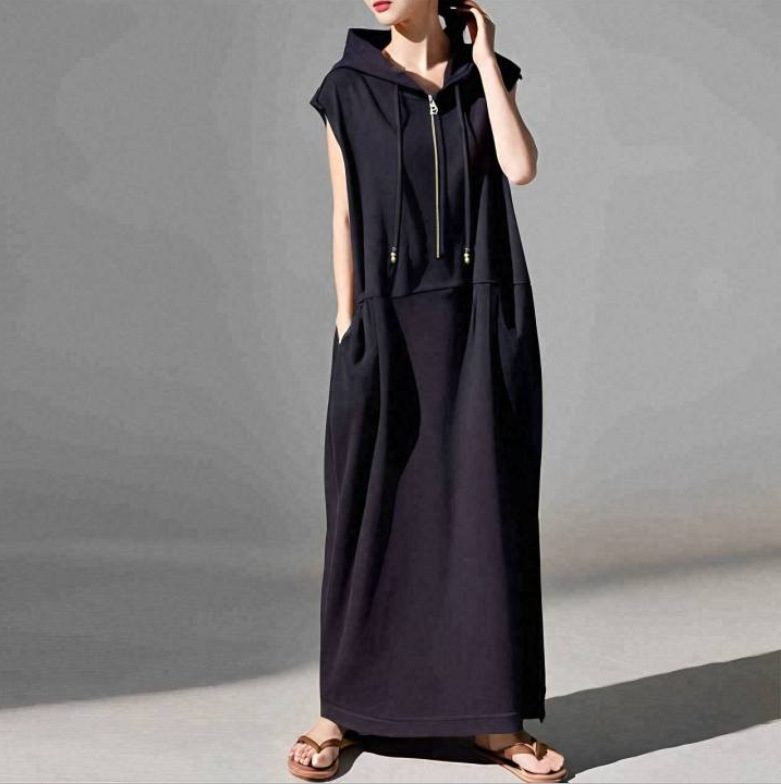 Loose solid color hooded zipper dress