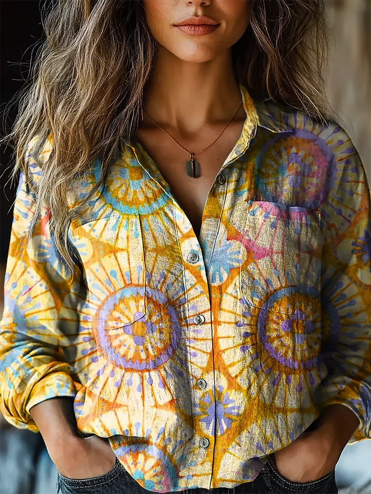 Women's Colorful Tie Dye Art Print Casual Long Sleeve Comfortable Cotton Shirt
