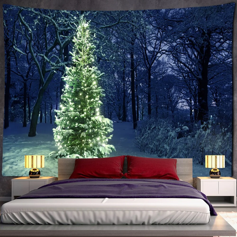 Night View Christmas Tree Tapestry Wall Hanging Holiday New Year Gift Dormitory Background Cloth Bed Curtain Home Decor