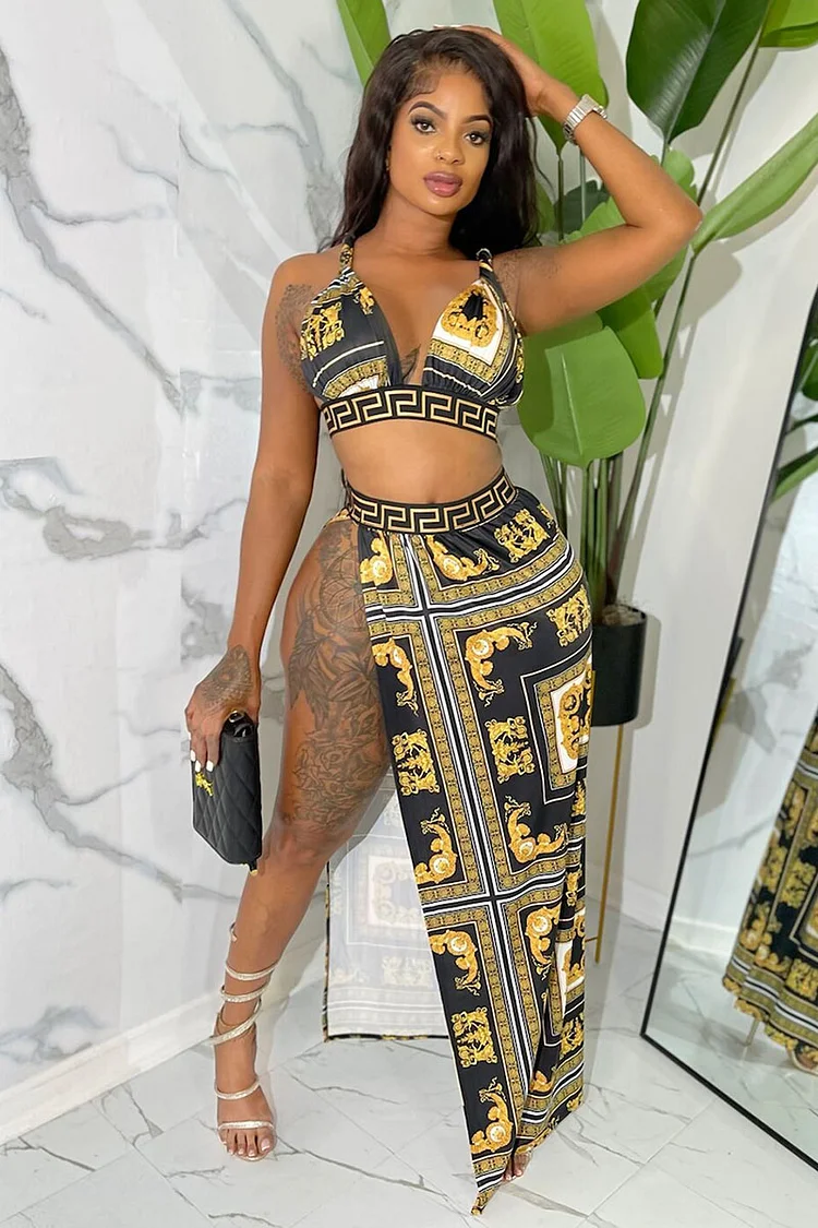 Pattern Print Crossover Halter Bra High Slit Maxi Skirt Matching Set [Pre Order]