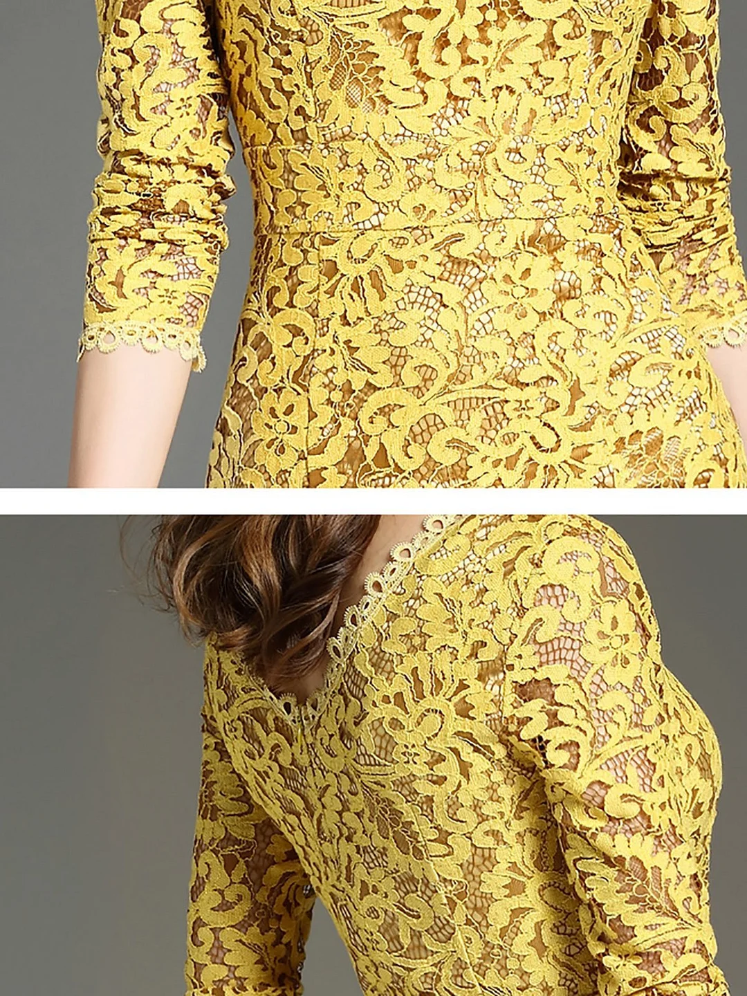 Yellow Flounce Elegant Lace Guipure lace Party Midi Dress