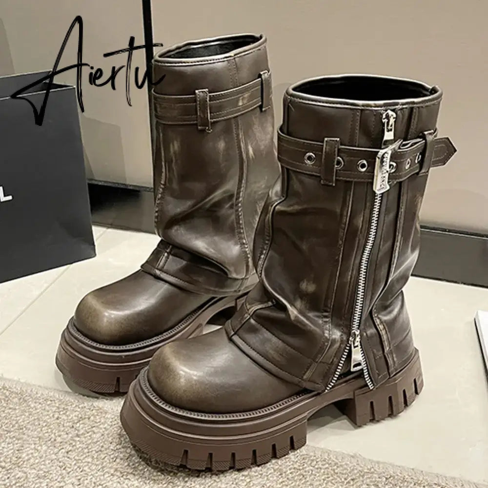 Brand Desinger Knight Women Mid Calf Boots Chunky High Heeled Platform Punk Motorcycle Long Booties Goth Street Shoes For Women Aiertu