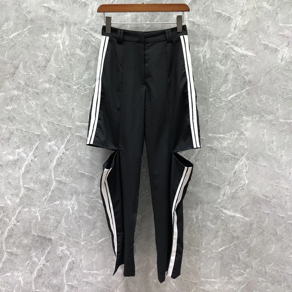 Ueong TWOTWINSTYLE Cut Out Striped Straight Pants For Women High Waist Colorblock Loose Trousers Female Spring Clothing 2022 Style New