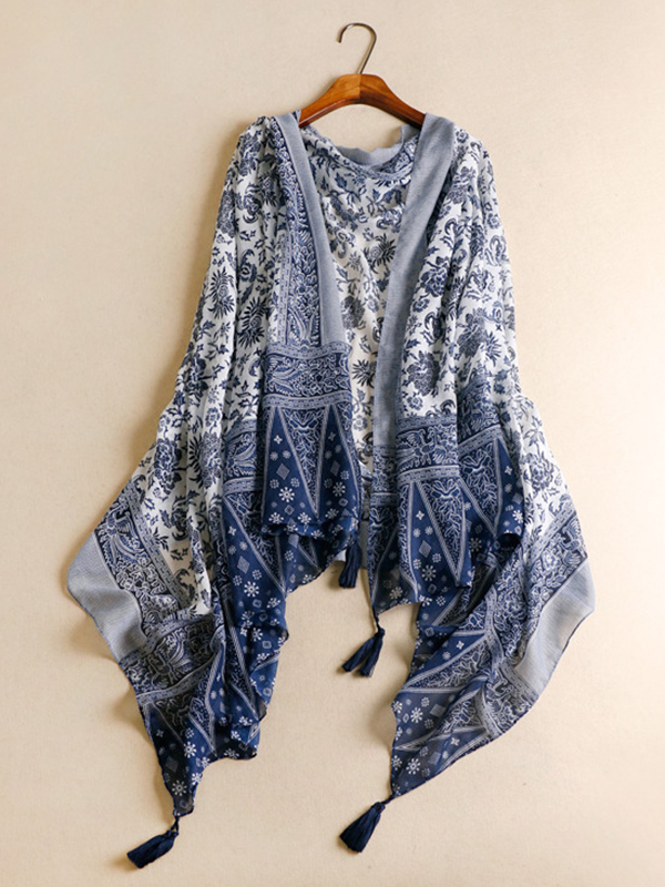 Printed Blue-and-White Sun-Protection Tasseled Shawl & Scarf