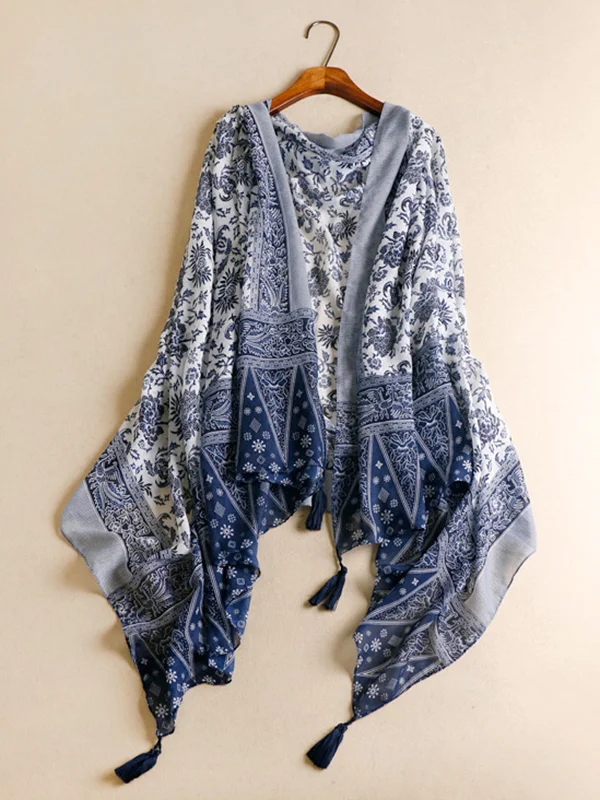 Printed Blue-And-White Sun-Protection Tasseled Shawl&Scarf