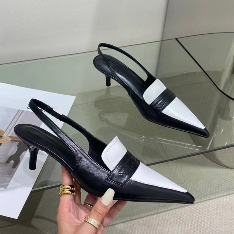 SUOJIALUN Spring New Brand Woman Slingback Shoes Fashion Mix Color Ladies Elegant Med Heel Pointed Toe Slip On Sandal Mules Shoe