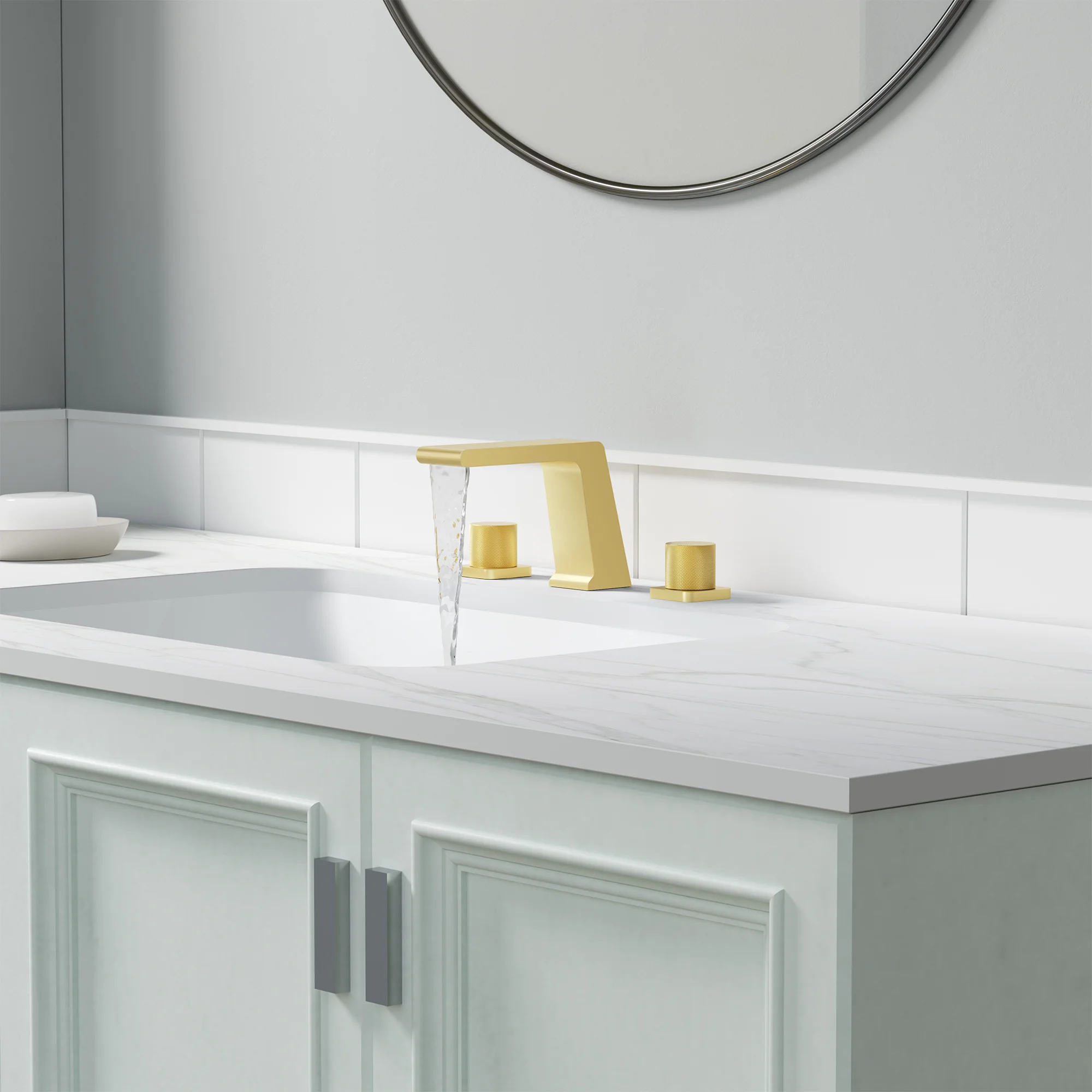 Collage of three rooms featuring the Lentz Widespread Bathroom Faucet in Matte Black, Ridgeway Kitchen Faucet in Brushed Gold, Catino Solid Surface Freestanding Tub