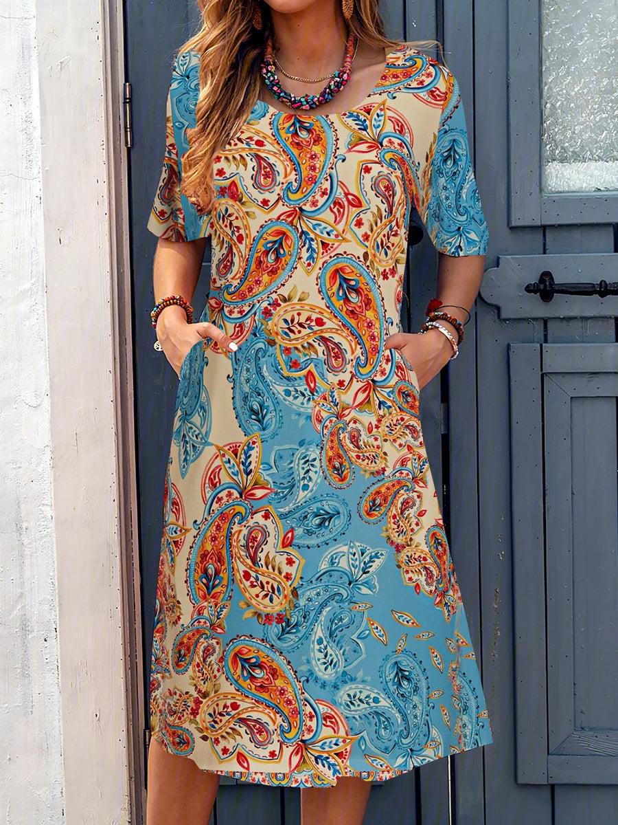 Women Casual Short Sleeve Scoop Neck Floral Printed Midi Dress