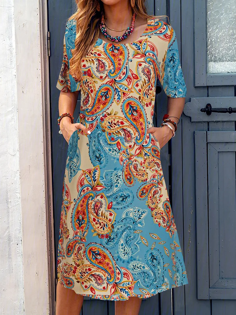 Women Casual Short Sleeve Scoop Neck Floral Printed Midi Dress