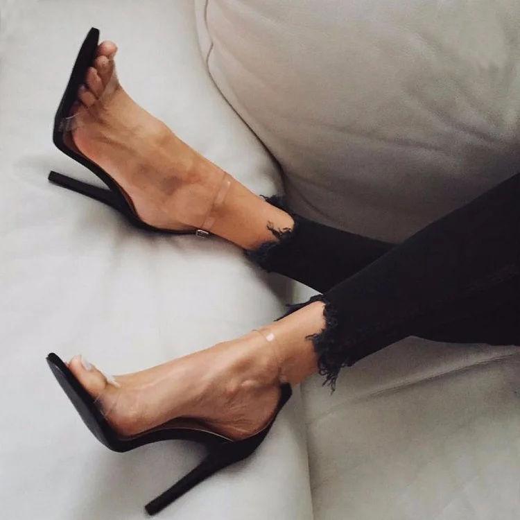 Black transparent Sandals Stiletto Heel Ankle Strap Sandals |FSJ Shoes