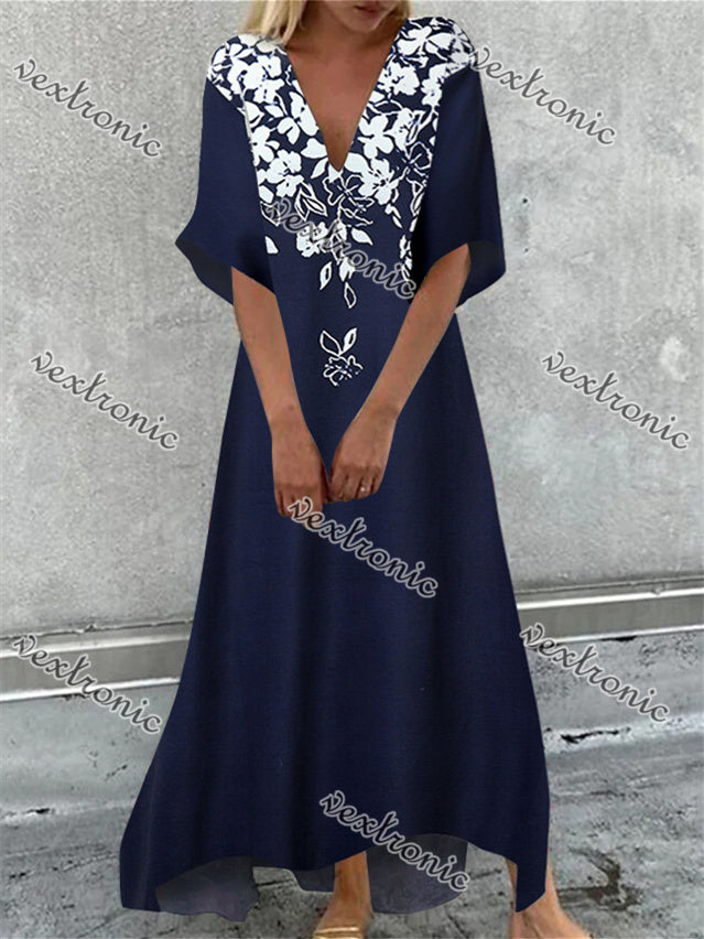 Women's Dark Blue V-Neck Half Sleeve Graphic Floral Printed Maxi Dress