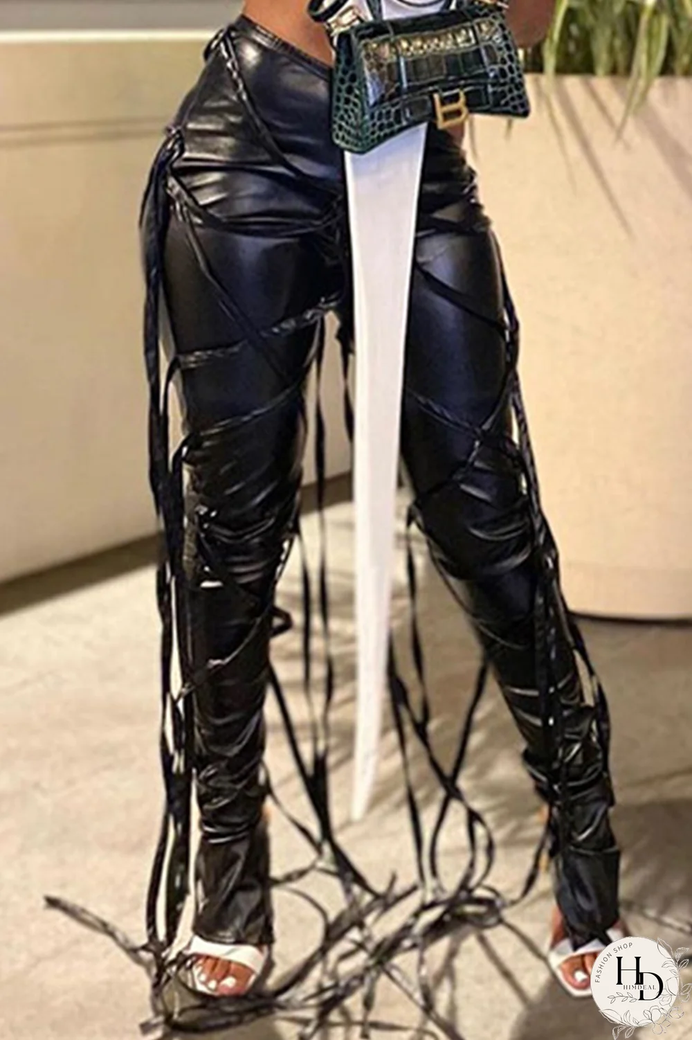 White Street Patchwork Draw String Skinny Mid Waist Speaker Bottoms