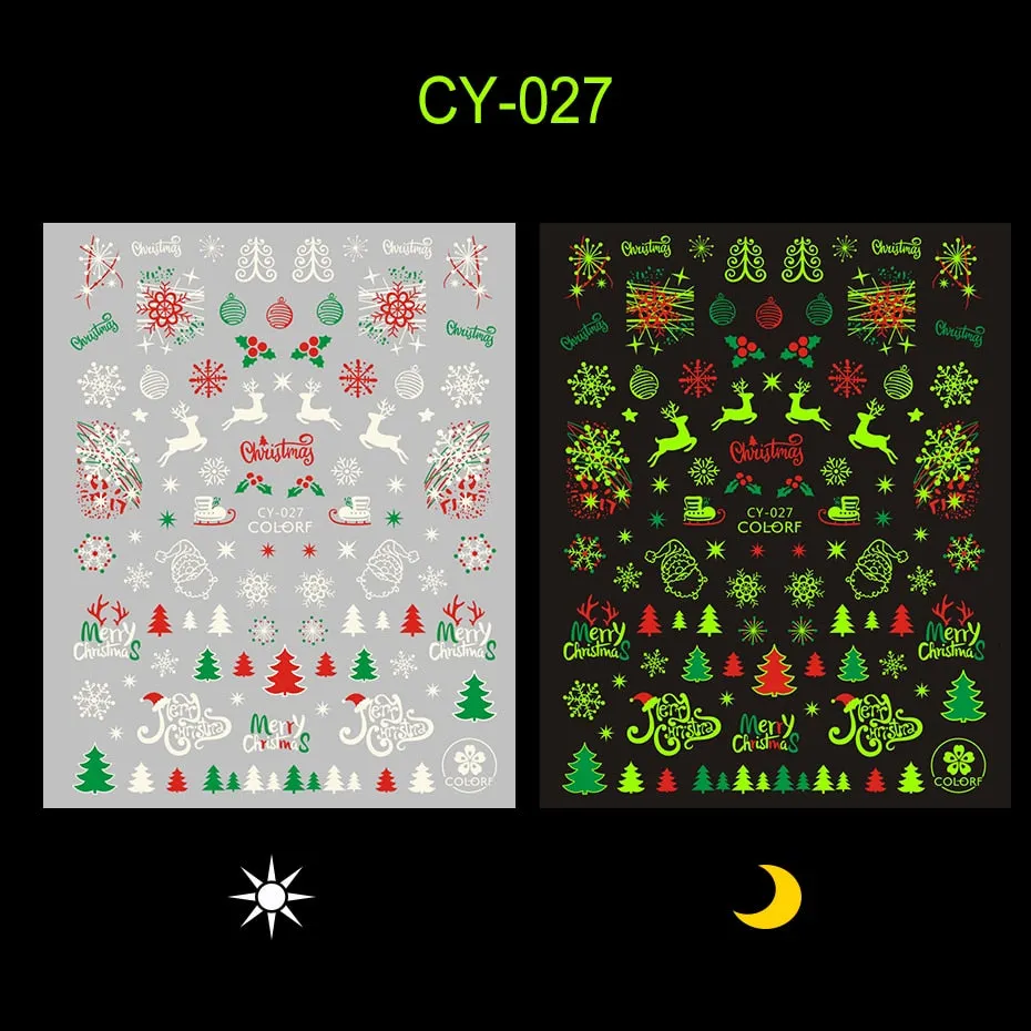 Merry Christmas Luminous SnowFlake Nail Stickers Fluorescent Xmas Winter Sliders for Nails Charms Glow in Dark Manicure Decals-Nail Inspo