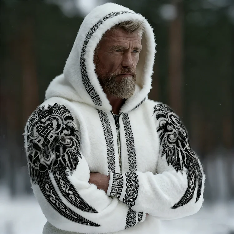 Men's Viking Tribal Jacquard Celtic With Wings Inspired Art Plush Warm Zipped Hooded Jacket