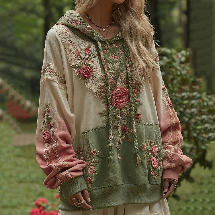 Women's Retro Floral Patch Pattern Comfortable Warm Hoodie