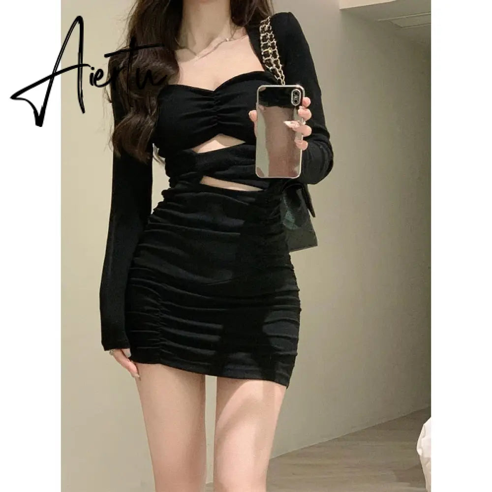 Black Bodycon Dress Women Autumn Long Sleeve Short Party Dress Office Lady Pure Color Elegant Vintage Y2k Mini Dress Korean Aiertu