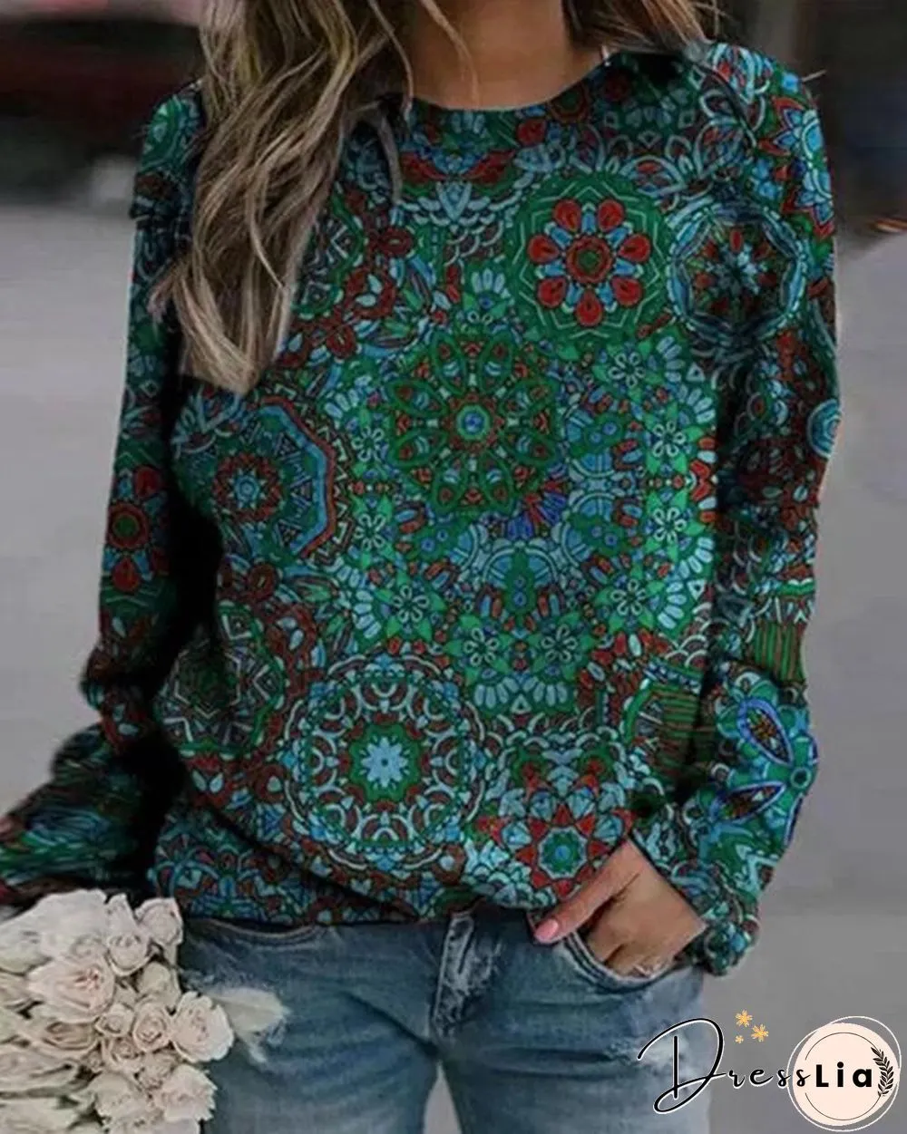 Round Neckline Vintage Print Casual Loose Regular Sweatshirt