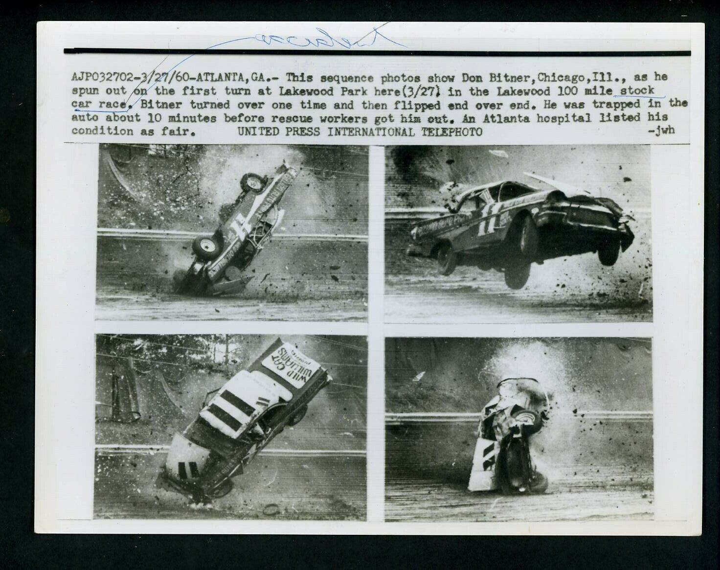 Stock Car Race CRASH at Lakewood Park Atlanta 1960 Press Photo Poster painting Don Bittner