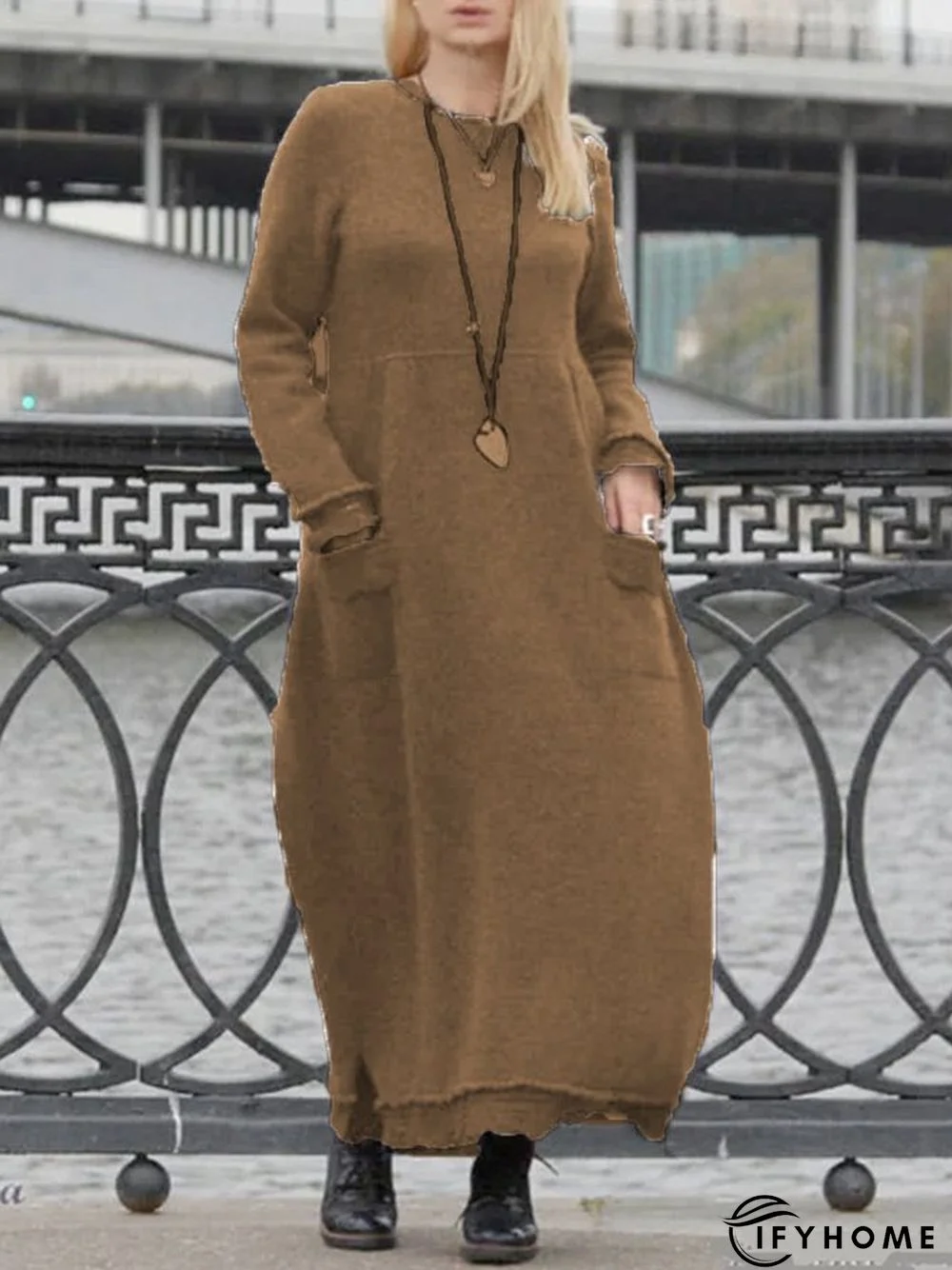 Plain Cotton Long Sleeve Dress | IFYHOME