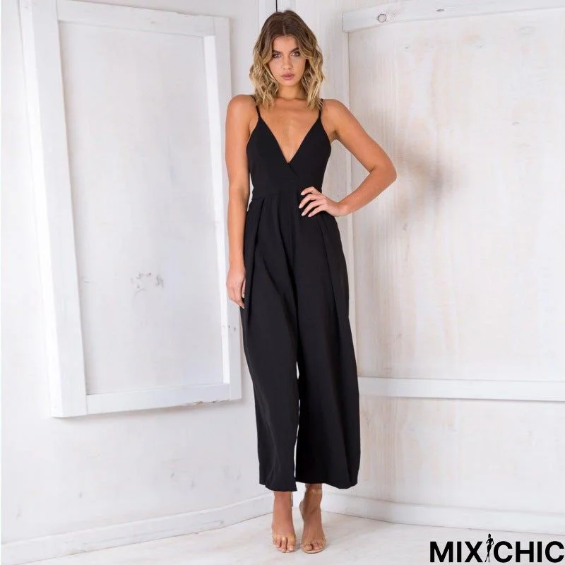 New European and American Style Sexy Deep V-Neck Suspender Wide Leg Jumpsuit