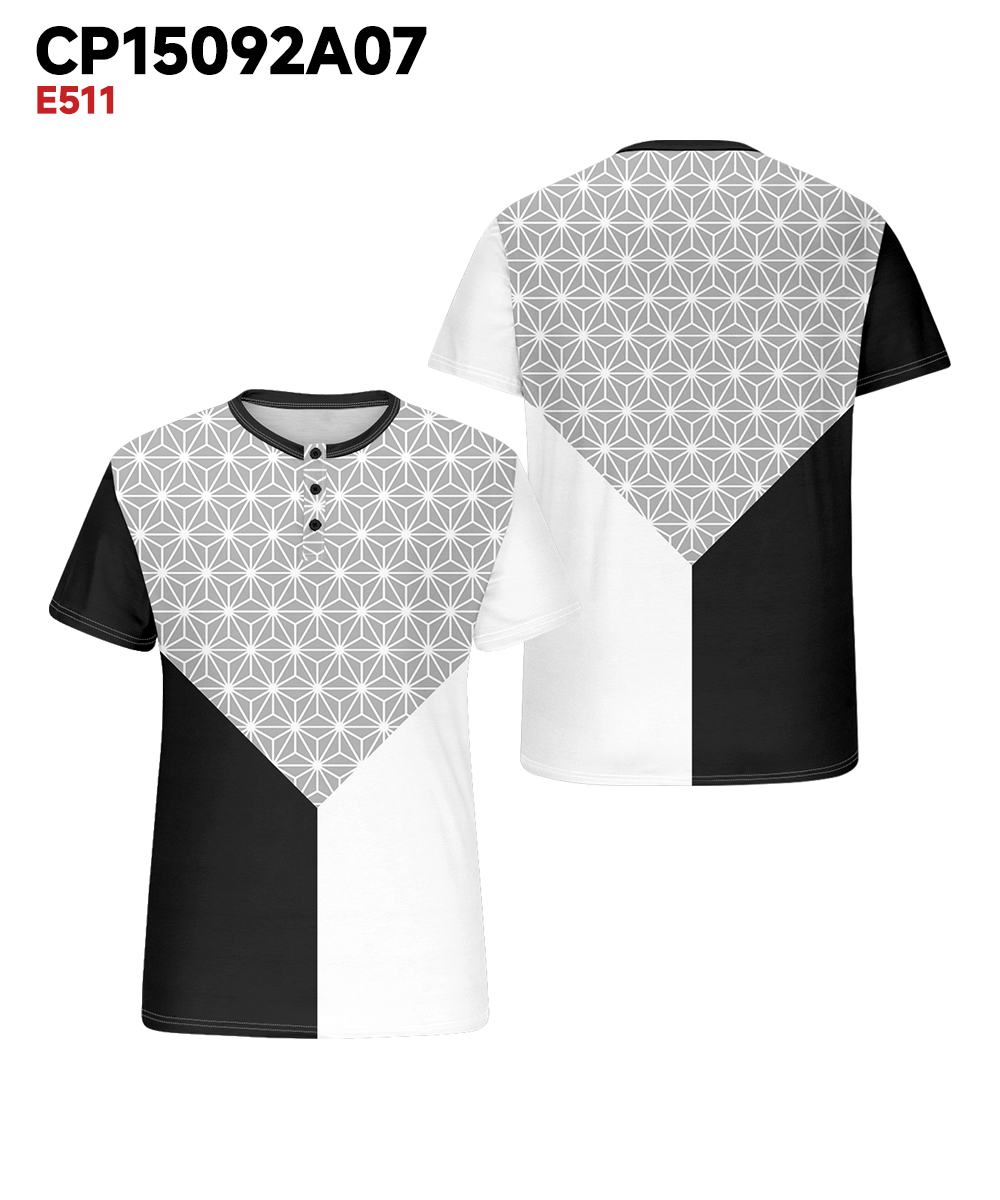 Men's Plus Size Daily Casual Black And White Grey Patchwork Geometric Print Henry Collar Button Short Sleeve T-Shirt