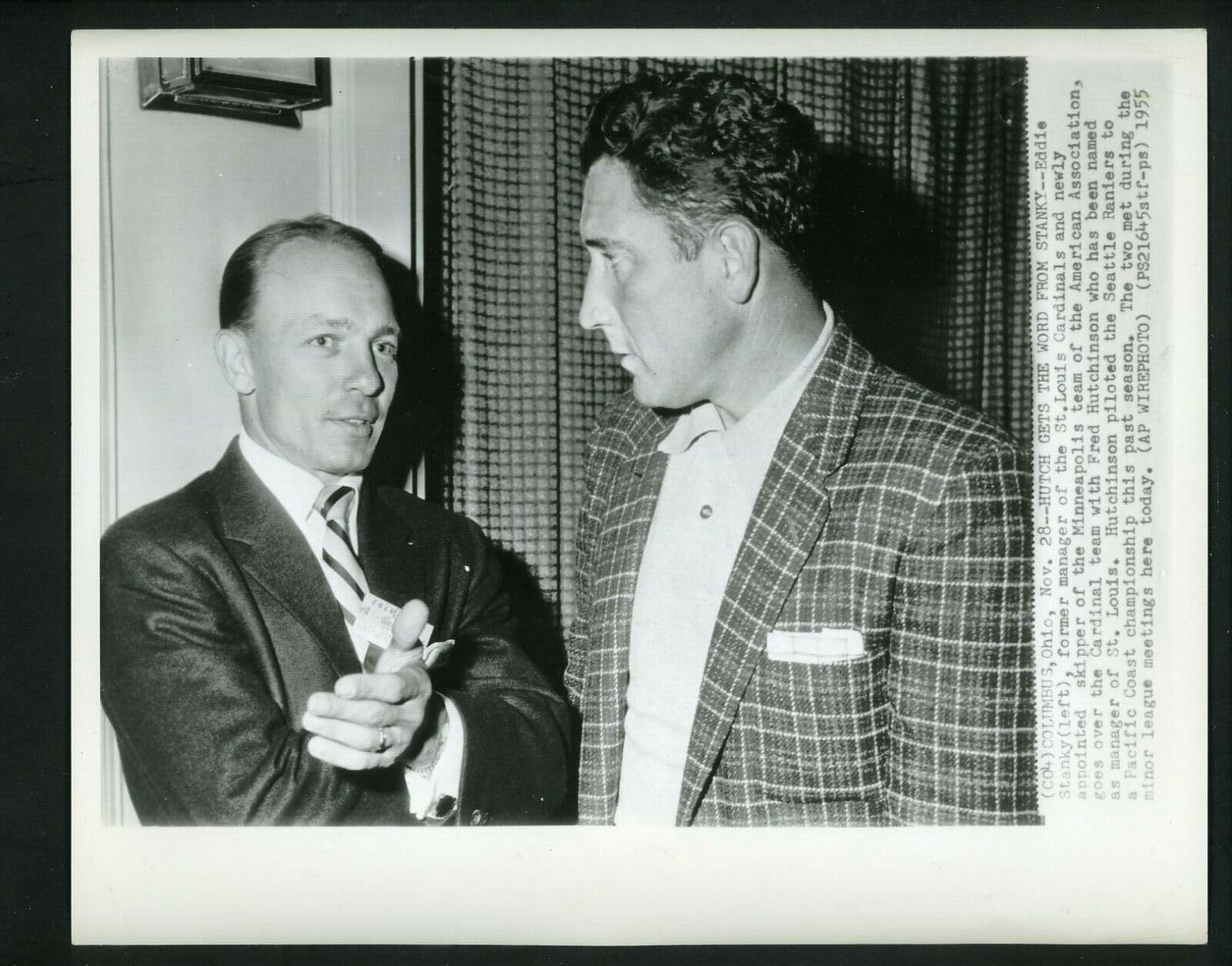 New St. Louis Cardinals Manager Fred Hutchinson & Eddie Stanky 1955 Press Photo Poster painting