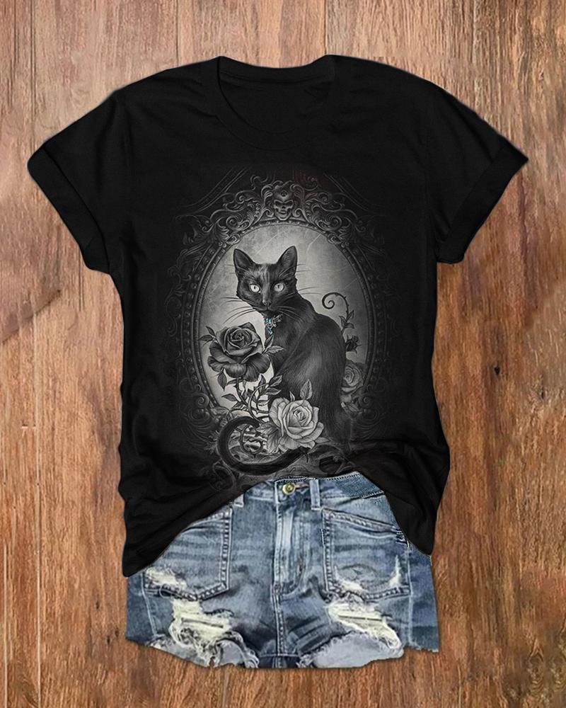 Women's Halloween Cat Print T-Shirt