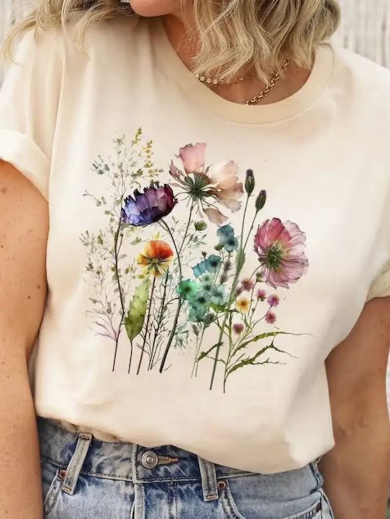 Women's Floral Print T-Shirt - Short Sleeve, Round Neck, Breathable & Comfortable, Casual Summer Top With Vibrant Wildflower Design, Perfect For Casual Attire Or Parties, Party Attire | Floral Print Tee | Comfortable Fit | IFYHOME