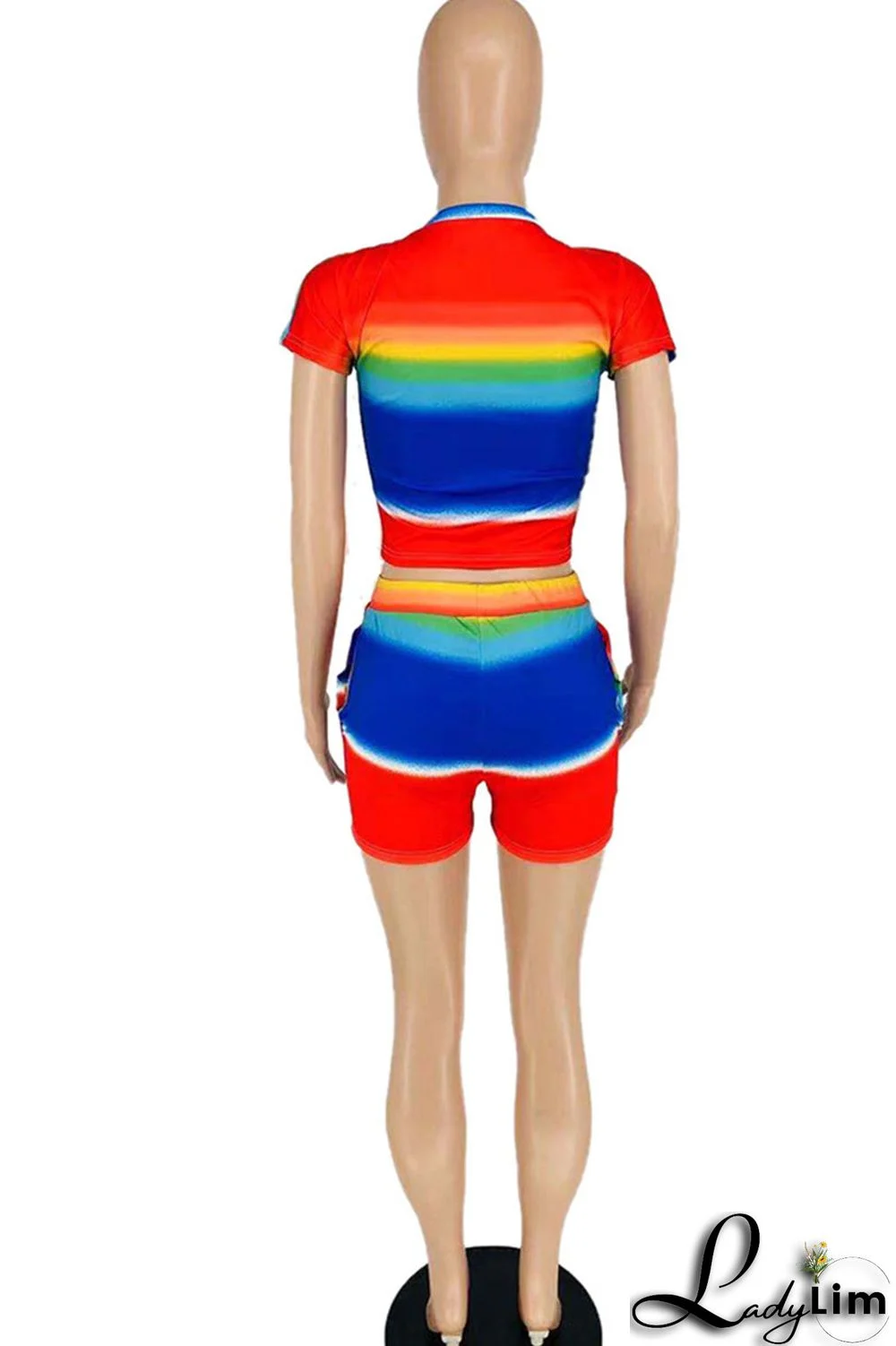 Rainbow Color Casual Print Patchwork O Neck Short Sleeve Two Pieces