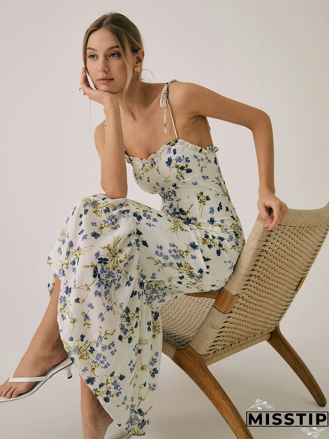 Ruffle Floral Print Cami Long Dress