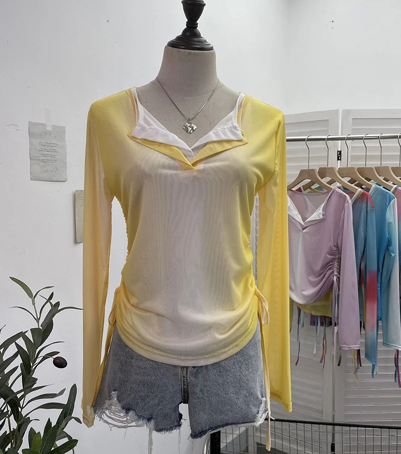 Uveng Fake Two Sunscreen Long-Sleeved T-Shirt Women Autumn Design Dizzling Drawstring Folding Short Top 9938