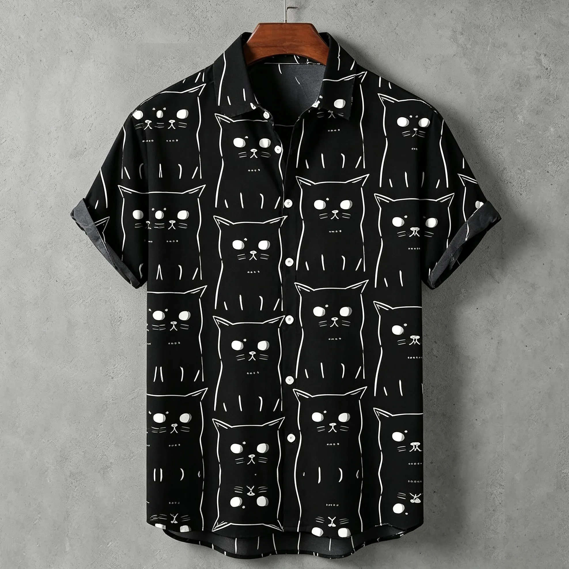 Men's Retro Cat Print Casual Linen Blend Short-sleeve Shirt  artssus