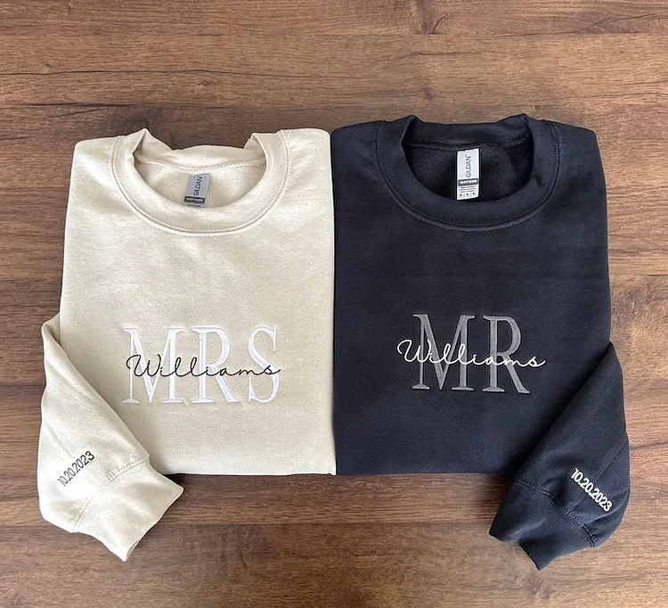 Custom Mrs. Embroidered Sweatshirt, Date On Sleeve, Hubby Wifey, Gift For Bride, Future Mrs. and Mr. Hoodie, Engagement Gift, Bride To Be