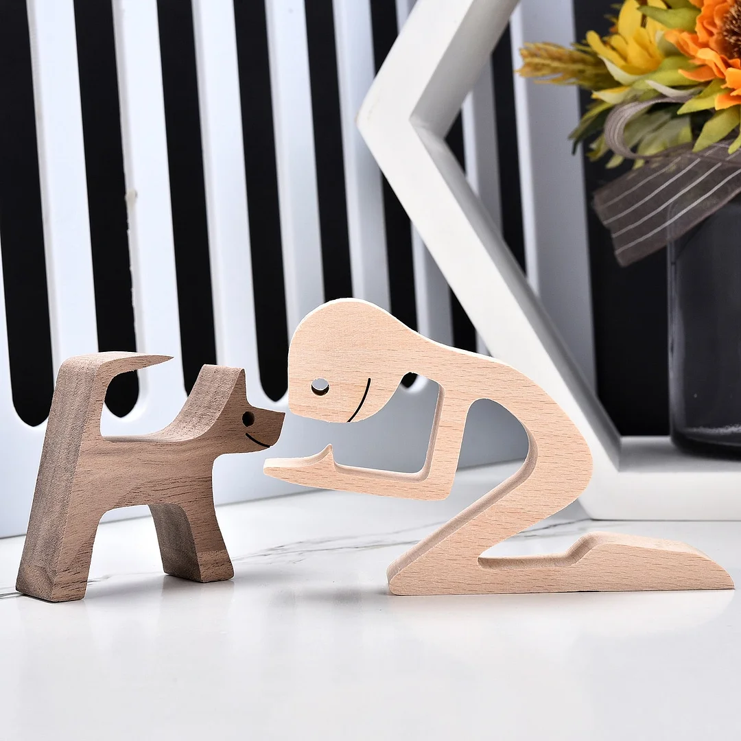 Handmade Wood Dog Decor Sculptures Craft Creative Figurine Ornement Decoration For Bedroom Home Office Decor Gift Natural