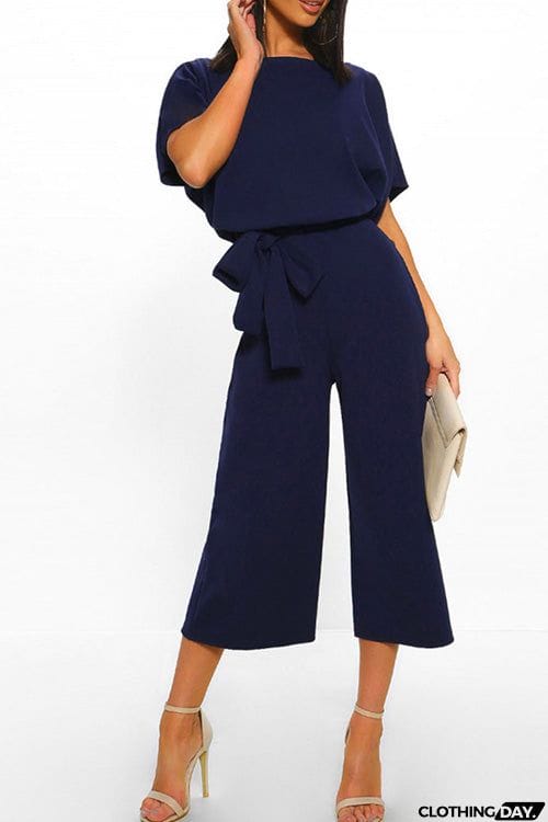 Fashion Chic Solid Short Sleeve Lace Up Slim Jumpsuit